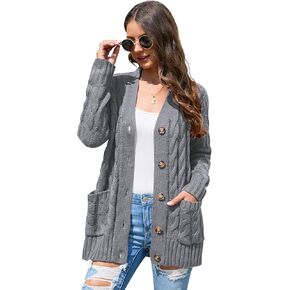 MISSKY Women's Open Front Cardigan Sweater with Pockets Long Sleeve Cable Knit Button Loose Cardigan Sweater Outwear