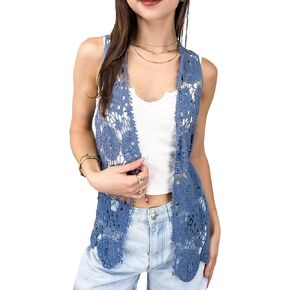 Anna-Kaci Lace Front Open Sleeveless Top Cardigan Crochet Vest Cover up Summer Beachwear
