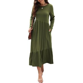 Mieazom Women's Long Sleeves Maxi Dress Casual Loose Tiered Flowy Swing Beach Long Dresses with Pockets