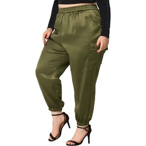 Agnes Orinda Plus Size Satin Joggers for Women Elastic Waist Athleisure Ankle Length Cargo Pants with Pocket