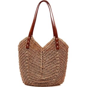 Straw Beach Bag for Women Large Straw Tote Bag with Zipper Summer Woven Bag Travel Straw Shoulder Bags for Vocation