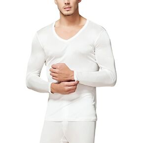 LingDooo Mens Pure Silk Winter Knit Underwear Winter Thermal Long Johns Set V Neck Silk Shirt +Pants