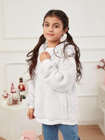 Ofenbuy Kids Girl's Fuzzy Hoodies Zipper Warm Loose Sherpa Hooded Sweatshirt Pullover With Pockets in Kuwait
