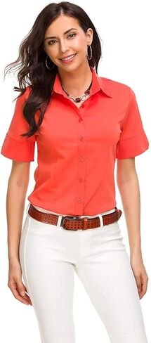 قمصان Atnlewhi النسائية الأساسية بأزرار سفلية بأكمام قصيرة من القطن، بلوزة رسمية كاجوال بسيطة قابلة للتمدد in Kuwait