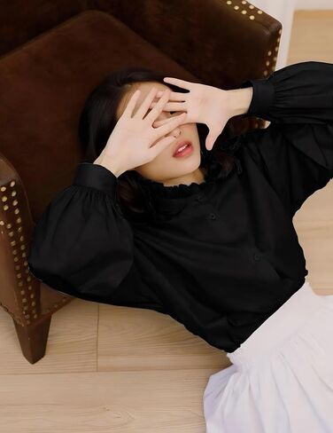 بلوزة كتان نسائية بأكمام طويلة من wearVAST، قميص كتان برقبة مكشكشة وأكمام طويلة in Kuwait