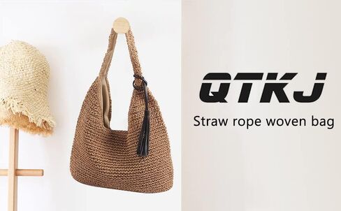 QTKJ المنسوجة يدويا لينة كبيرة حقيبة كتف القش مع شرابات سوداء بوهو القش مقبض حمل ريترو الصيف حقيبة شاطئية الروطان حقيبة يد in Kuwait