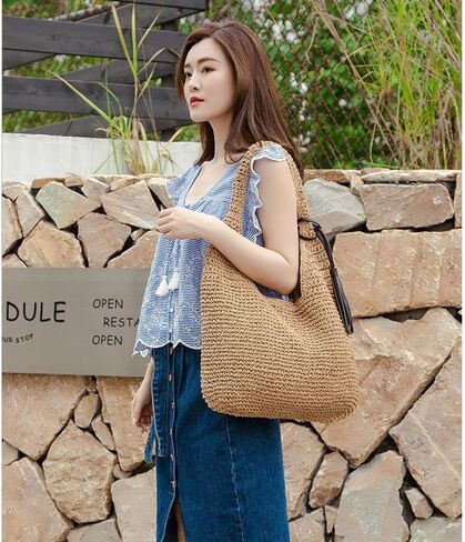 QTKJ المنسوجة يدويا لينة كبيرة حقيبة كتف القش مع شرابات سوداء بوهو القش مقبض حمل ريترو الصيف حقيبة شاطئية الروطان حقيبة يد in Kuwait