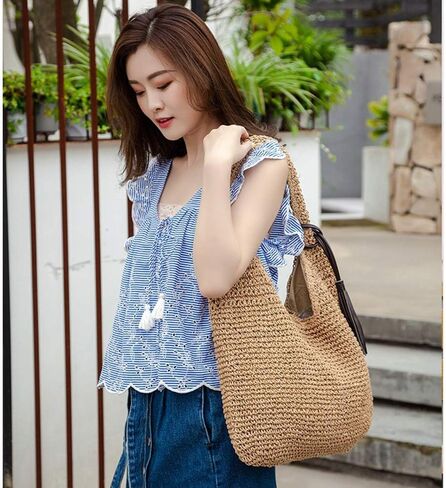 QTKJ المنسوجة يدويا لينة كبيرة حقيبة كتف القش مع شرابات سوداء بوهو القش مقبض حمل ريترو الصيف حقيبة شاطئية الروطان حقيبة يد in Kuwait