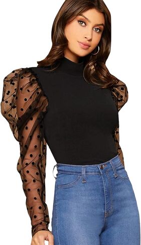 بلوزة نسائية من Floerns ذات رقبة وهمية وأكمام منتفخة in Kuwait