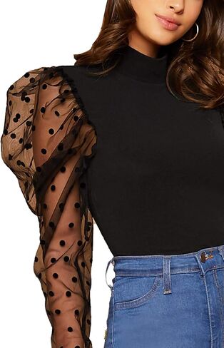 بلوزة نسائية من Floerns ذات رقبة وهمية وأكمام منتفخة in Kuwait