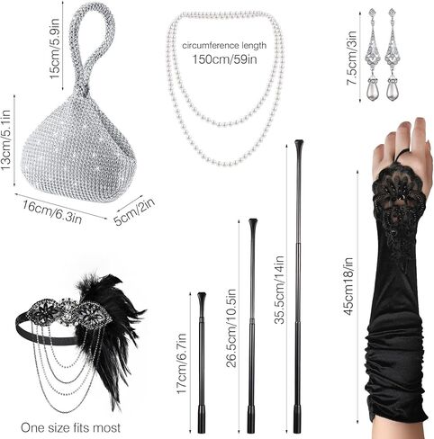 1920s Accessories Headband Necklace Gloves Earrings Long Holder Bling Glitter Purse Flapper Women's Costume Accessories Set in Kuwait