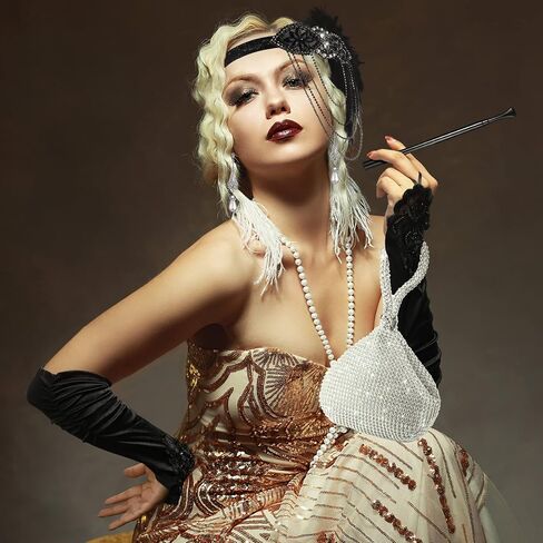 1920s Accessories Headband Necklace Gloves Earrings Long Holder Bling Glitter Purse Flapper Women's Costume Accessories Set in Kuwait