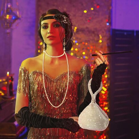 1920s Accessories Headband Necklace Gloves Earrings Long Holder Bling Glitter Purse Flapper Women's Costume Accessories Set in Kuwait