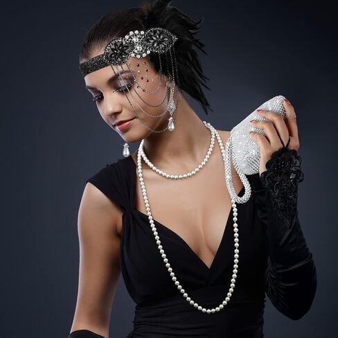 1920s Accessories Headband Necklace Gloves Earrings Long Holder Bling Glitter Purse Flapper Women's Costume Accessories Set in Kuwait