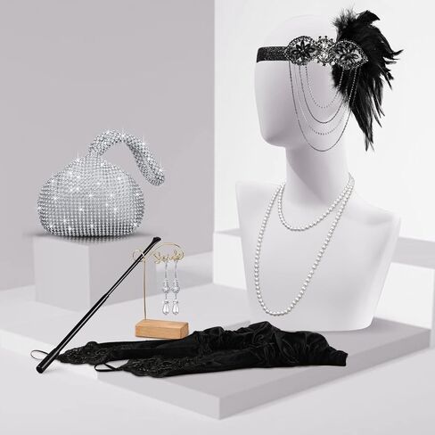 1920s Accessories Headband Necklace Gloves Earrings Long Holder Bling Glitter Purse Flapper Women's Costume Accessories Set in Kuwait