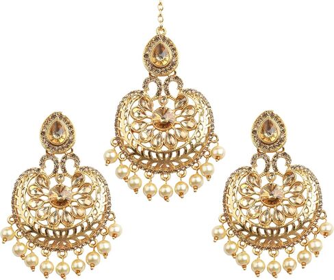 بيندهاني جولدن ستون بنجابي ستايل كبير ماانج تكا وأقراط هندية للنساء in Kuwait