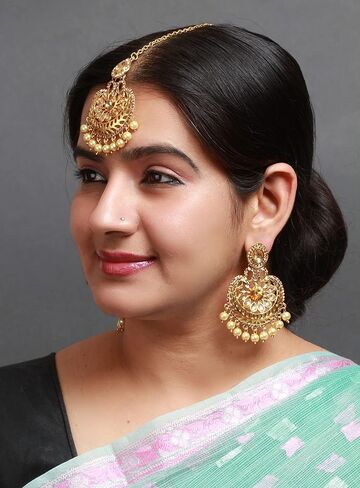 بيندهاني جولدن ستون بنجابي ستايل كبير ماانج تكا وأقراط هندية للنساء in Kuwait