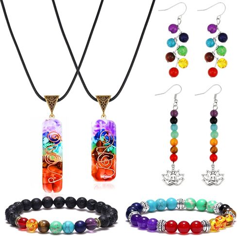 FUTTMI 7 Chakra Jewelry Set Crystal Pendant Necklace Chakra Lava Rock Stone Bead Bracelets Earrings for Women Men Reiki Healing Meditation Yoga Jewelry Set in Kuwait