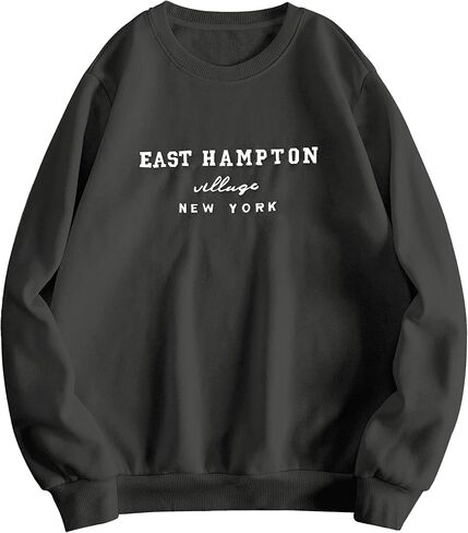 Lauweion Women’s East Hampton Letter Print Graphic Sweatshirt Oversized Drop Shoulder Fleece Teen Girls Pullover Shirt in Kuwait