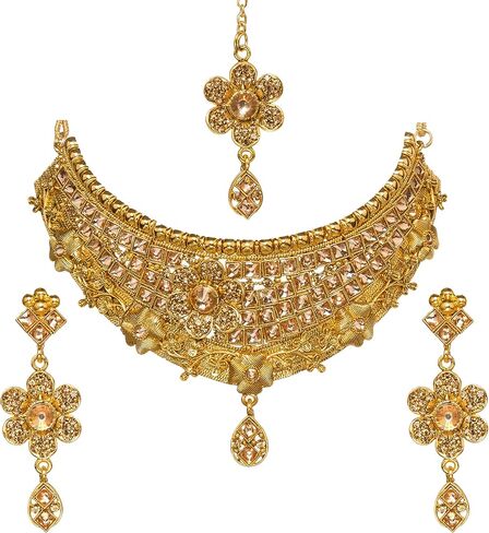 مجموعة مجوهرات عرائس تقليدية من Bindhani لوصيفة العروس تقليدية بوليوود مطلية بالذهب كوندان سلسلة وأقراط تيكا تيكا الهندية للنساء in Kuwait