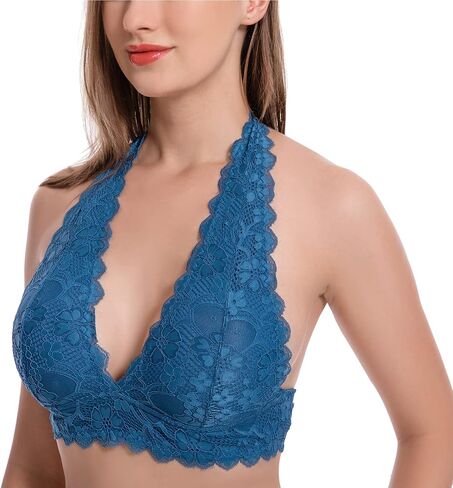 JOJOANS Halter Lace Bralette Unpadded Wireless Sheer Bra Bustier Full Coverage Lingerie… in Kuwait