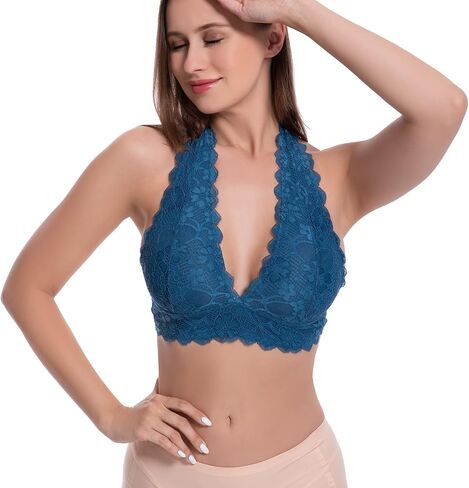 JOJOANS Halter Lace Bralette Unpadded Wireless Sheer Bra Bustier Full Coverage Lingerie… in Kuwait