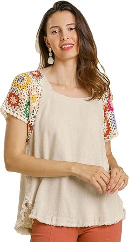 Umgee Womens Linen Blend Colorful Floral Crochet Detailed Short Sleeve Top in Kuwait