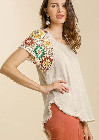 Umgee Womens Linen Blend Colorful Floral Crochet Detailed Short Sleeve Top in Kuwait