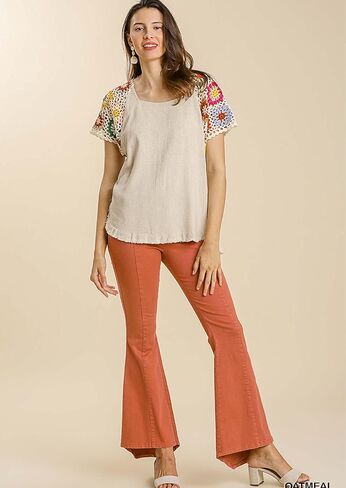 Umgee Womens Linen Blend Colorful Floral Crochet Detailed Short Sleeve Top in Kuwait