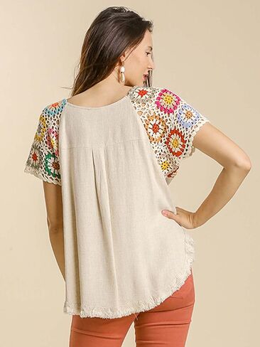 Umgee Womens Linen Blend Colorful Floral Crochet Detailed Short Sleeve Top in Kuwait