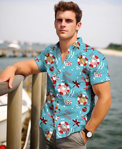 قمصان Yoimira لعيد الميلاد للرجال قميص هاواي بأزرار سفلية لقضاء العطلات وحفلات سانتا كلوز in Kuwait
