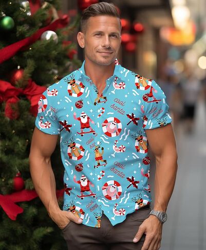 قمصان Yoimira لعيد الميلاد للرجال قميص هاواي بأزرار سفلية لقضاء العطلات وحفلات سانتا كلوز in Kuwait