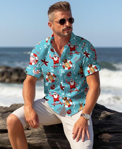 قمصان Yoimira لعيد الميلاد للرجال قميص هاواي بأزرار سفلية لقضاء العطلات وحفلات سانتا كلوز in Kuwait