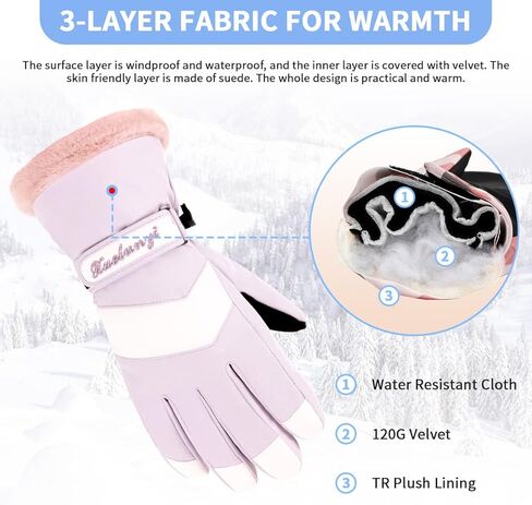 قفازات التزلج من بوجليا قفازات الثلج للنساء، قفازات مقاومة للماء على الجليد، قفازات معزولة تعمل باللمس للطقس البارد، قفازات تزلج دافئة مقاومة للرياح مع جيب in Kuwait