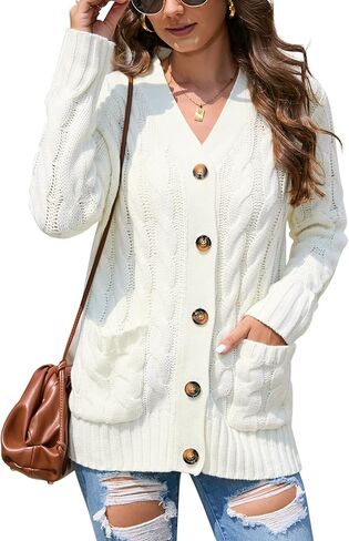 MISSKY Women's Open Front Cardigan Sweater with Pockets Long Sleeve Cable Knit Button Loose Cardigan Sweater Outwear in Kuwait
