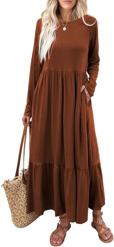 Mieazom Women's Long Sleeves Maxi Dress Casual Loose Tiered Flowy Swing Beach Long Dresses with Pockets in Saudi Arabia