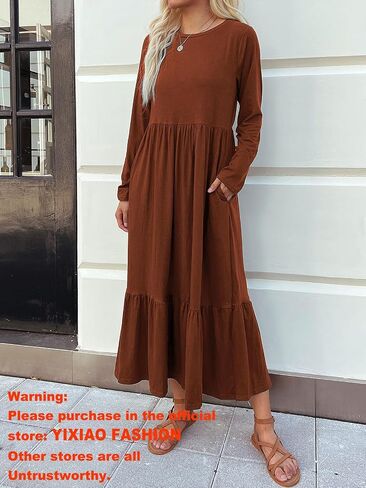 Mieazom Women's Long Sleeves Maxi Dress Casual Loose Tiered Flowy Swing Beach Long Dresses with Pockets in Saudi Arabia