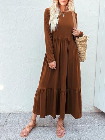 Mieazom Women's Long Sleeves Maxi Dress Casual Loose Tiered Flowy Swing Beach Long Dresses with Pockets in Saudi Arabia