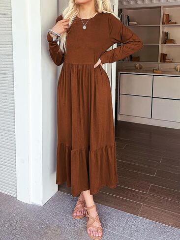 Mieazom Women's Long Sleeves Maxi Dress Casual Loose Tiered Flowy Swing Beach Long Dresses with Pockets in Saudi Arabia