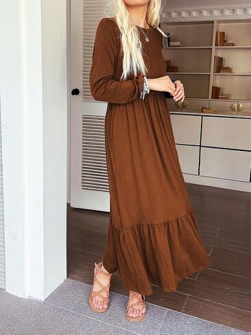 Mieazom Women's Long Sleeves Maxi Dress Casual Loose Tiered Flowy Swing Beach Long Dresses with Pockets in Saudi Arabia