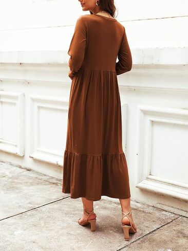 Mieazom Women's Long Sleeves Maxi Dress Casual Loose Tiered Flowy Swing Beach Long Dresses with Pockets in Saudi Arabia
