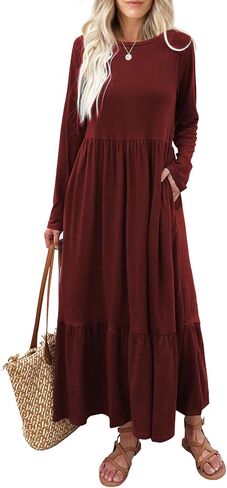 Mieazom Women's Long Sleeves Maxi Dress Casual Loose Tiered Flowy Swing Beach Long Dresses with Pockets in Saudi Arabia