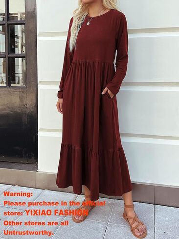 Mieazom Women's Long Sleeves Maxi Dress Casual Loose Tiered Flowy Swing Beach Long Dresses with Pockets in Saudi Arabia