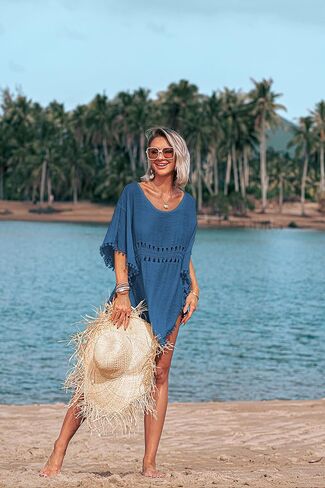AI'MAGE Women's Crochet Chiffon Swimsuit Cover Up 2023 Bathing Suit Bikini Pom Pom Beach Cover Ups in Saudi Arabia