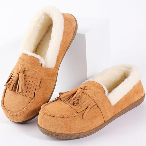 Zizor Moccasins Slippers Women, Vintage House Shoes, Indoor Outdoor, Memory Foam, Ladies Tassel Loafers, Warm Moc Pantuflas with Rubber Sole, Winter Gifts in Kuwait