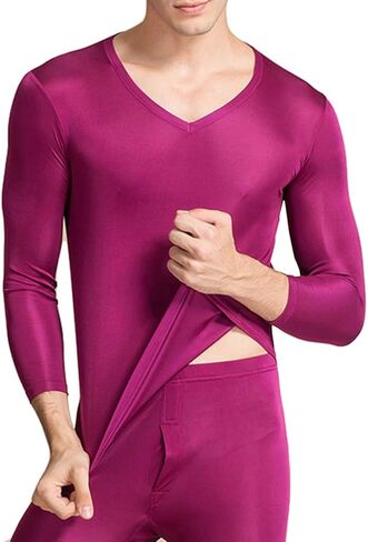 ملابس داخلية رجالي من LingDooo مصنوعة من الحرير الخالص للشتاء طقم جونز حراري طويل برقبة على شكل حرف V قميص حريري + بنطلون in Kuwait