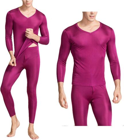 ملابس داخلية رجالي من LingDooo مصنوعة من الحرير الخالص للشتاء طقم جونز حراري طويل برقبة على شكل حرف V قميص حريري + بنطلون in Kuwait