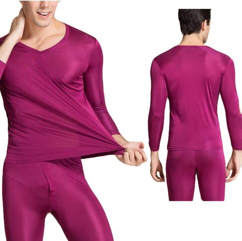 ملابس داخلية رجالي من LingDooo مصنوعة من الحرير الخالص للشتاء طقم جونز حراري طويل برقبة على شكل حرف V قميص حريري + بنطلون in Kuwait