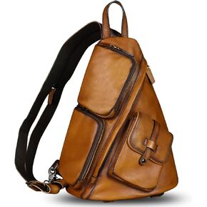 IVTG Genuine Leather Sling Bag Crossbody Casual Hiking Daypack Vintage Handmade Chest Bag Shoulder Backpack Motorcycle Pack Rucksack (Coffee)
