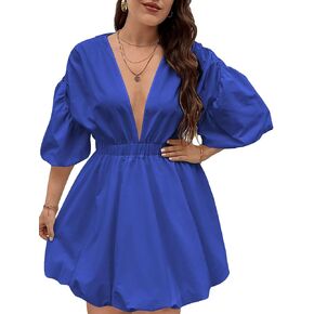 WDIRARA Women's Plus Size Deep V Neck Puff Lantern Sleeve Flowy Flare Dress A Line Mini Dress